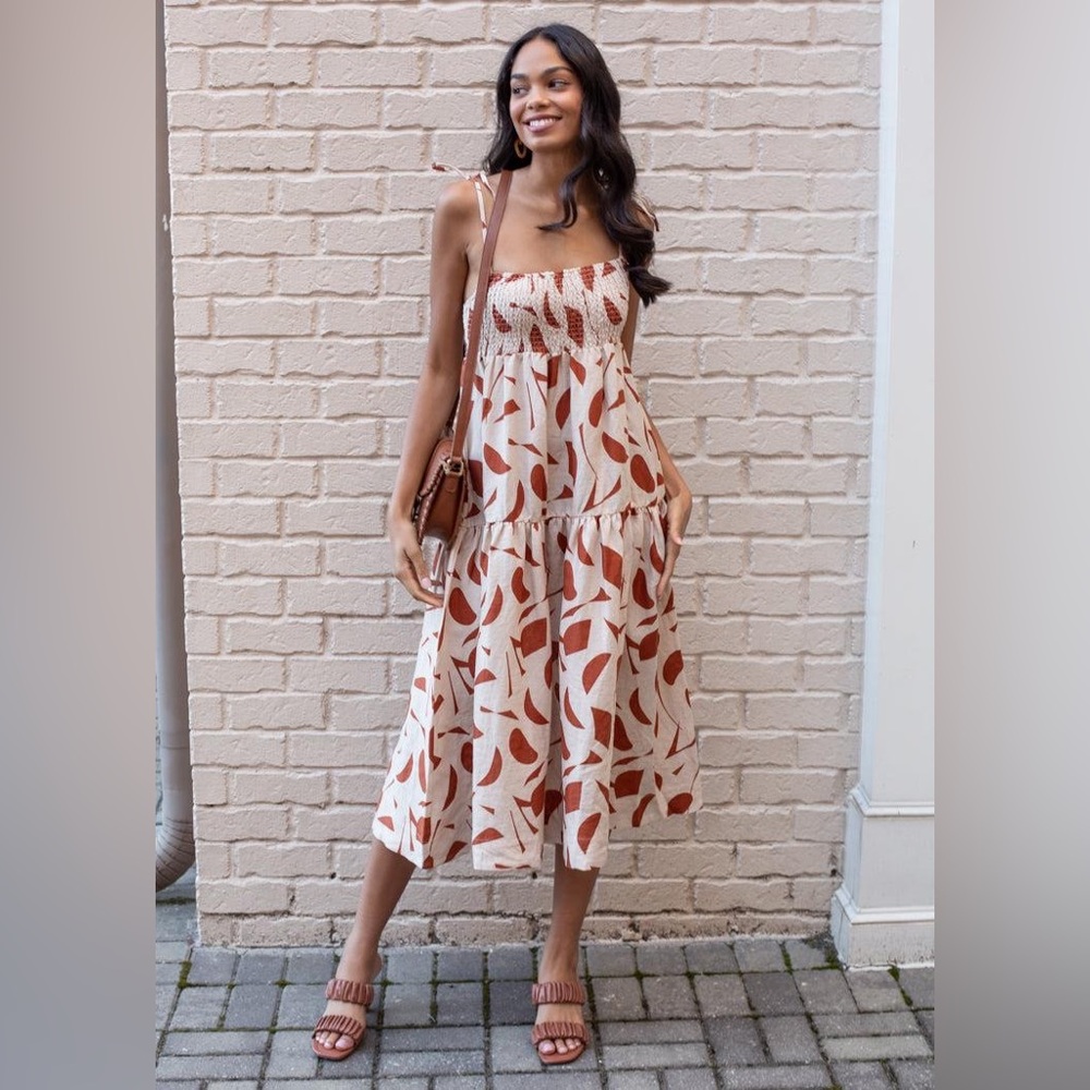 Astr Beige Dress with Rust Leaf Print